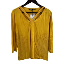 Desigual Yellow Top Small Embroidered Mandala Studded V Neck Top US Small New