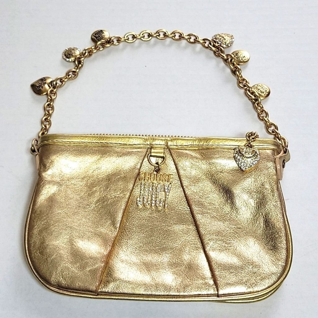 Y2k Vintage Juicy Couture Gold Leather Metallic Wristlet Pochette Clutch Purse