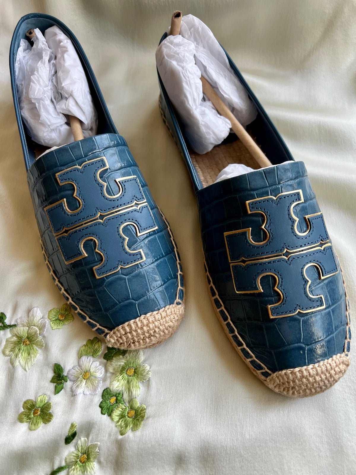 Tory Burch Ines Croc-Embossed Leather Espadrilles in Denim Blue Size 8.5