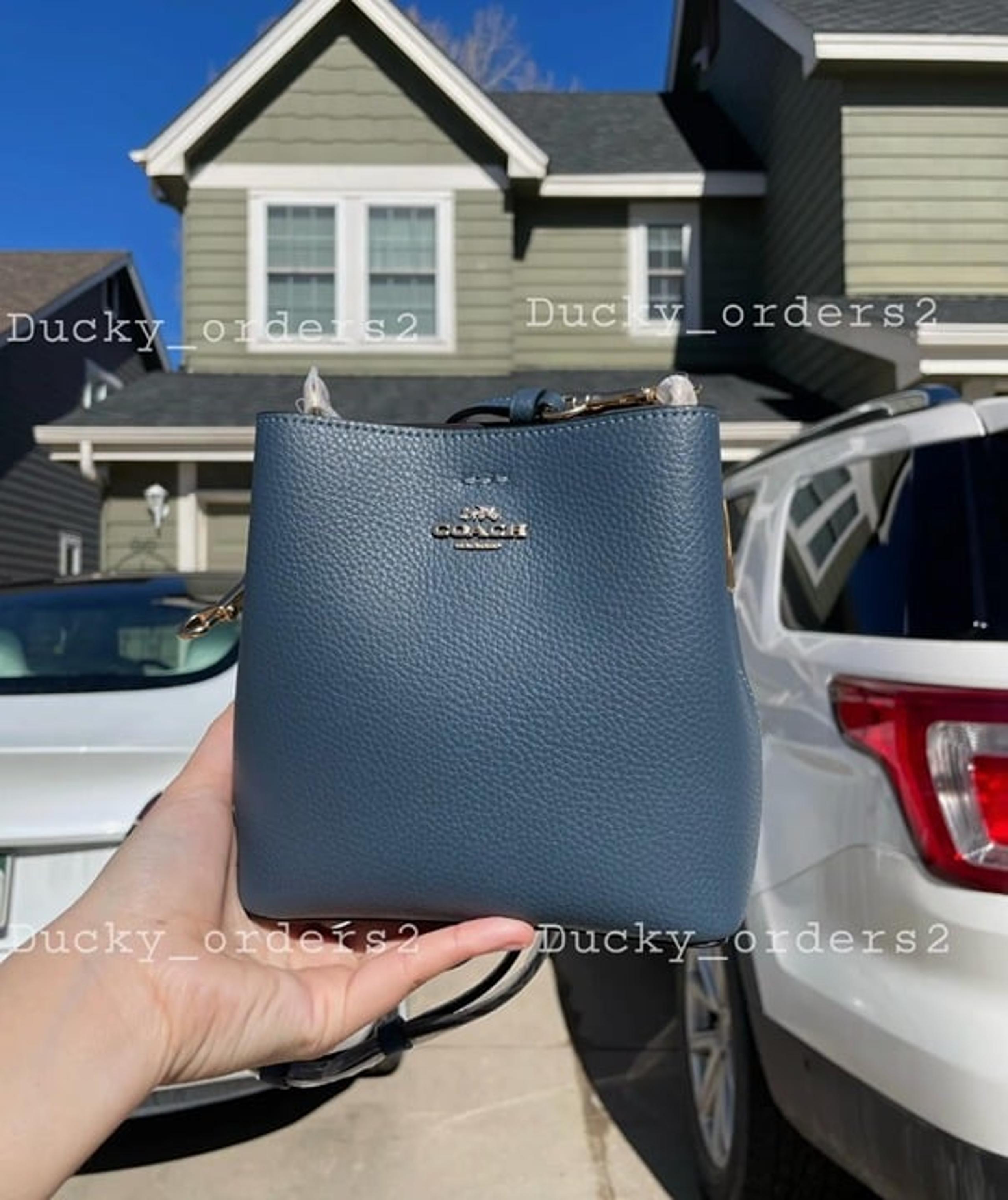 Coach Bucket Bag Mini Town Purse Crossbody Shoulder Pebble Leather Blue Womens
