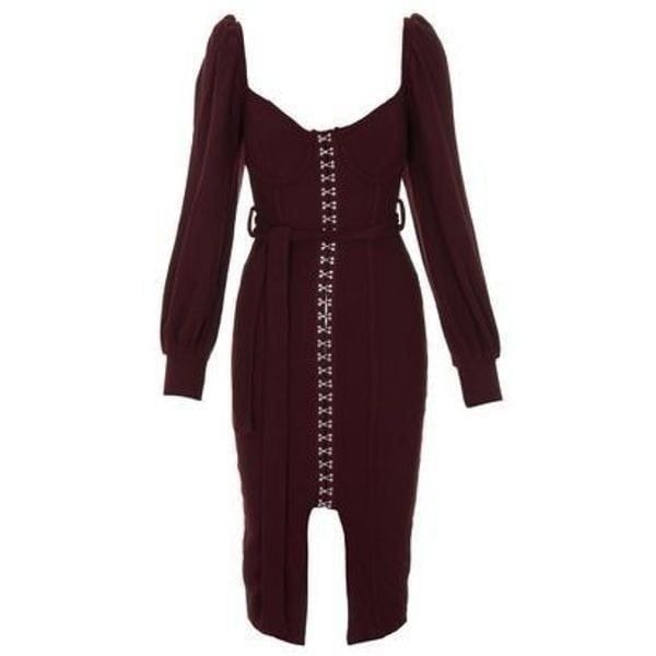Lavish Alice x Patricia Bright Burgundy Ribbed Knit Balloon Sleeve Corset MIDI