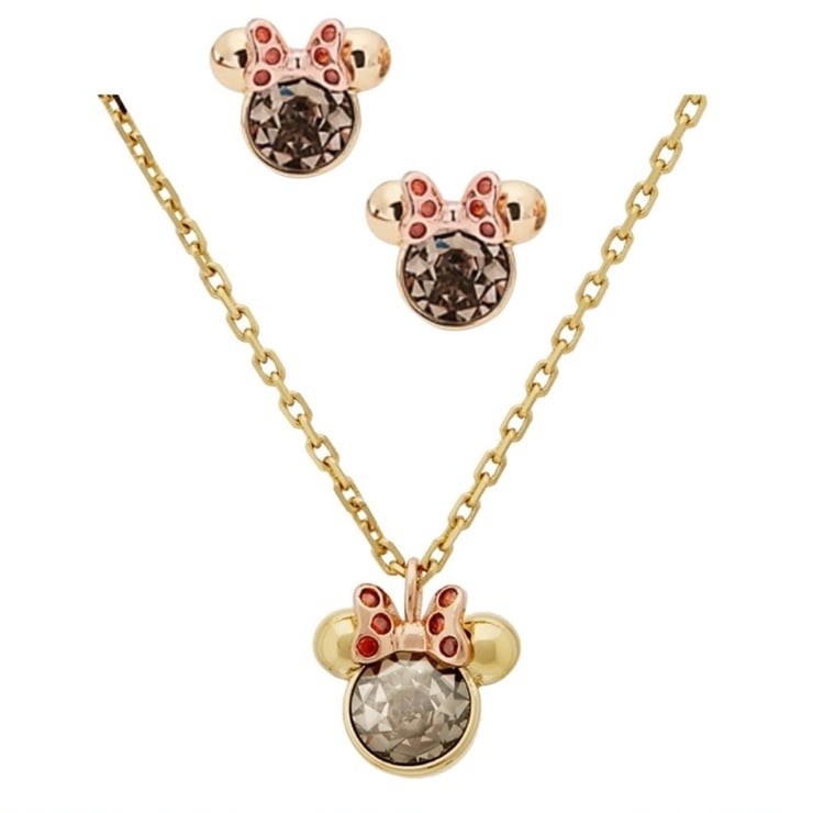 136 Kate Spade x Disney Minnie Mouse Stone Necklace & Earrings Set in gold