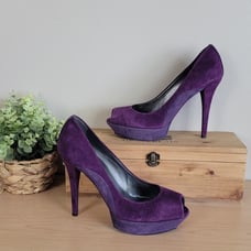 NEW Stuart Weitzman Archer Purple Suede Peep Toe Platform Stiletto Heels 9 shoes