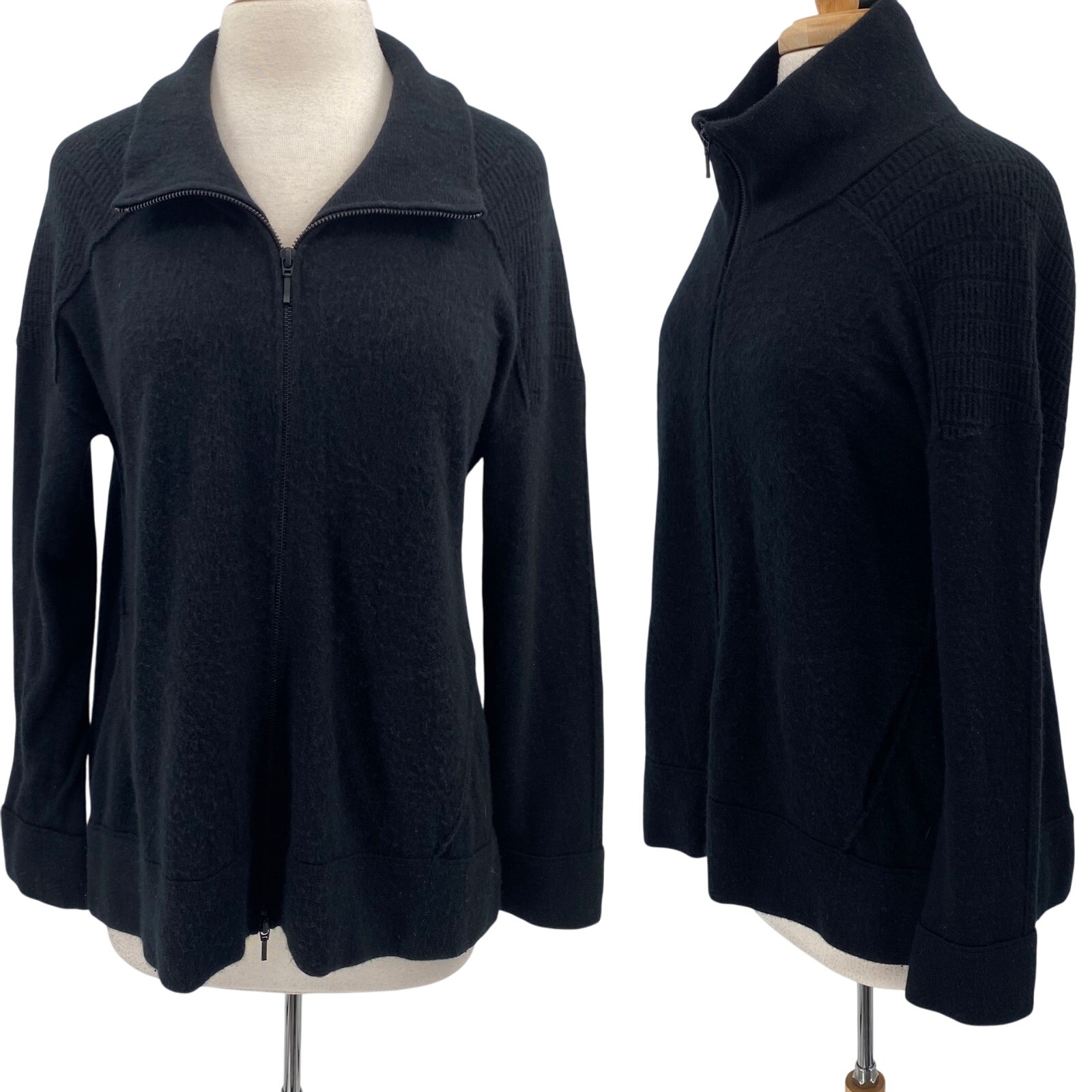 Kinross Cashmere Cardigan Sweater Dual Zipper Front Mockneck Collared Black L