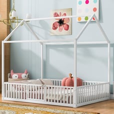Full Metal House Bed with Fence, White
