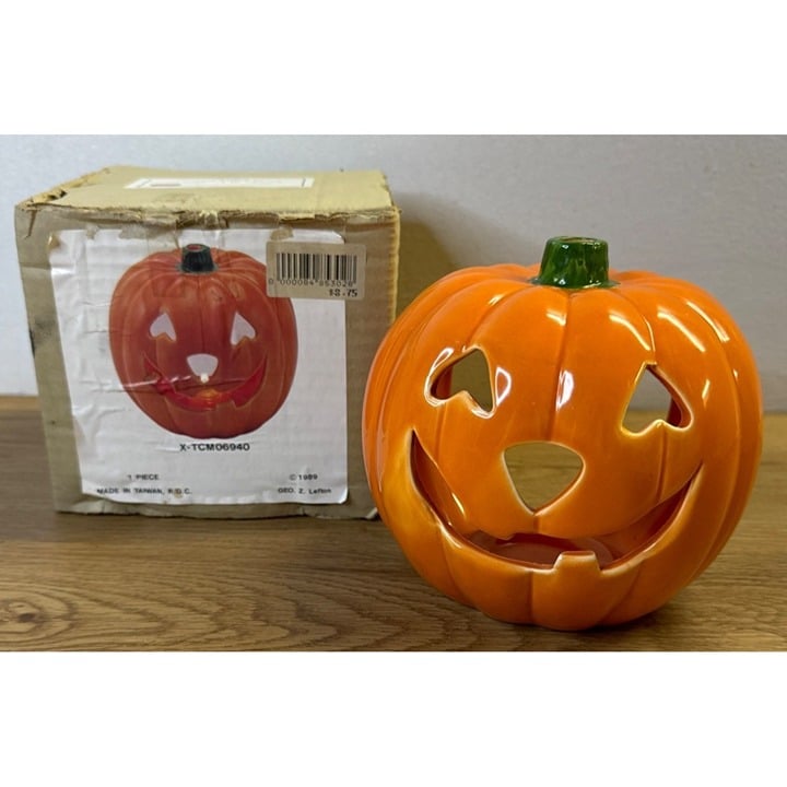 Lefton, 1989 Pumpkin Candle Holder, Vintage Tea Candle with Box