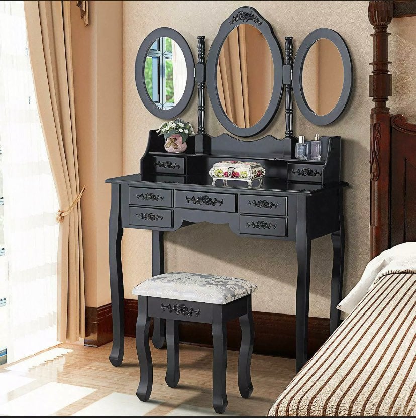 3 Mirror 7 Drawer Vanity Set with Stool