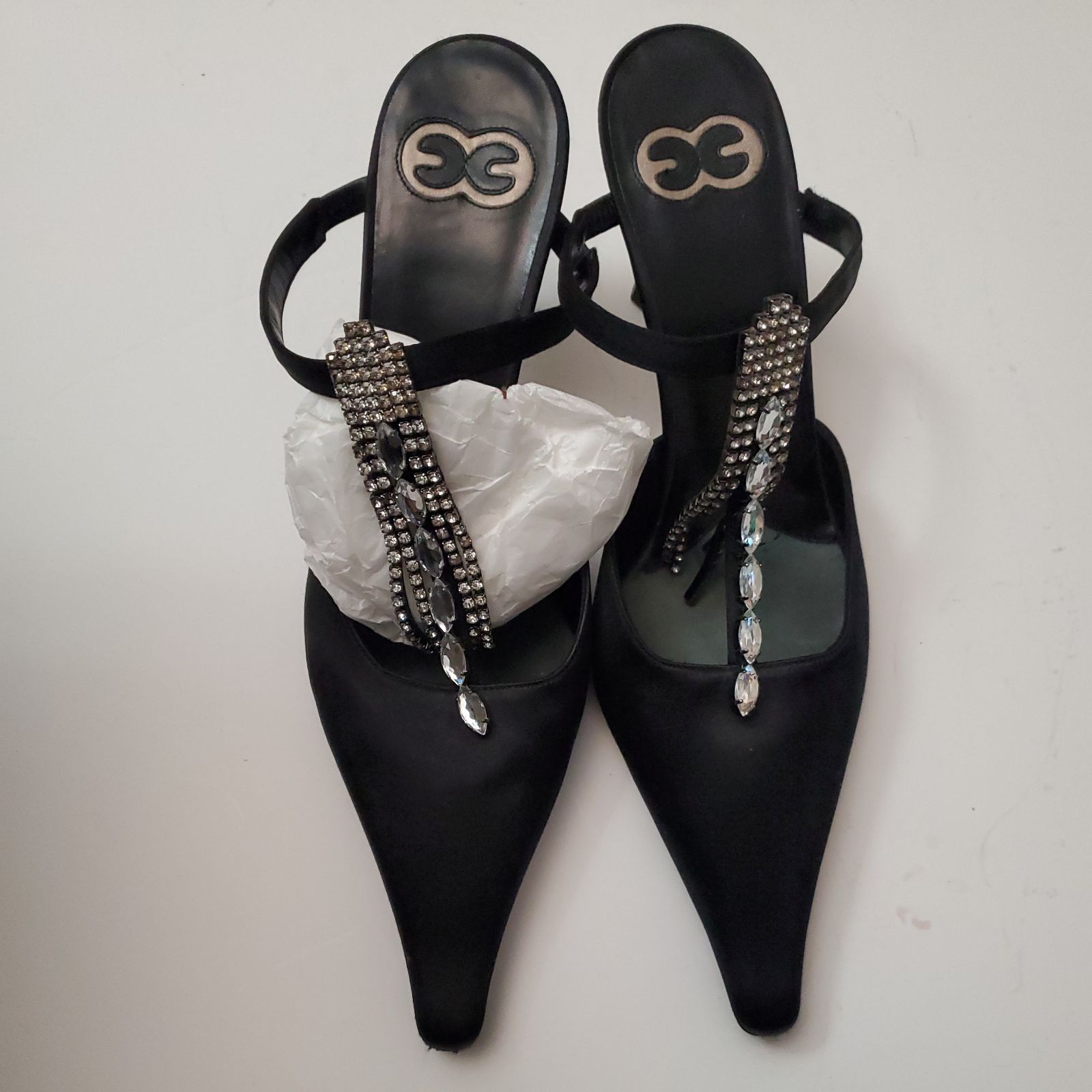 Escada Mules Black Satin Evening Sandals with Rhinestones. SZ 9