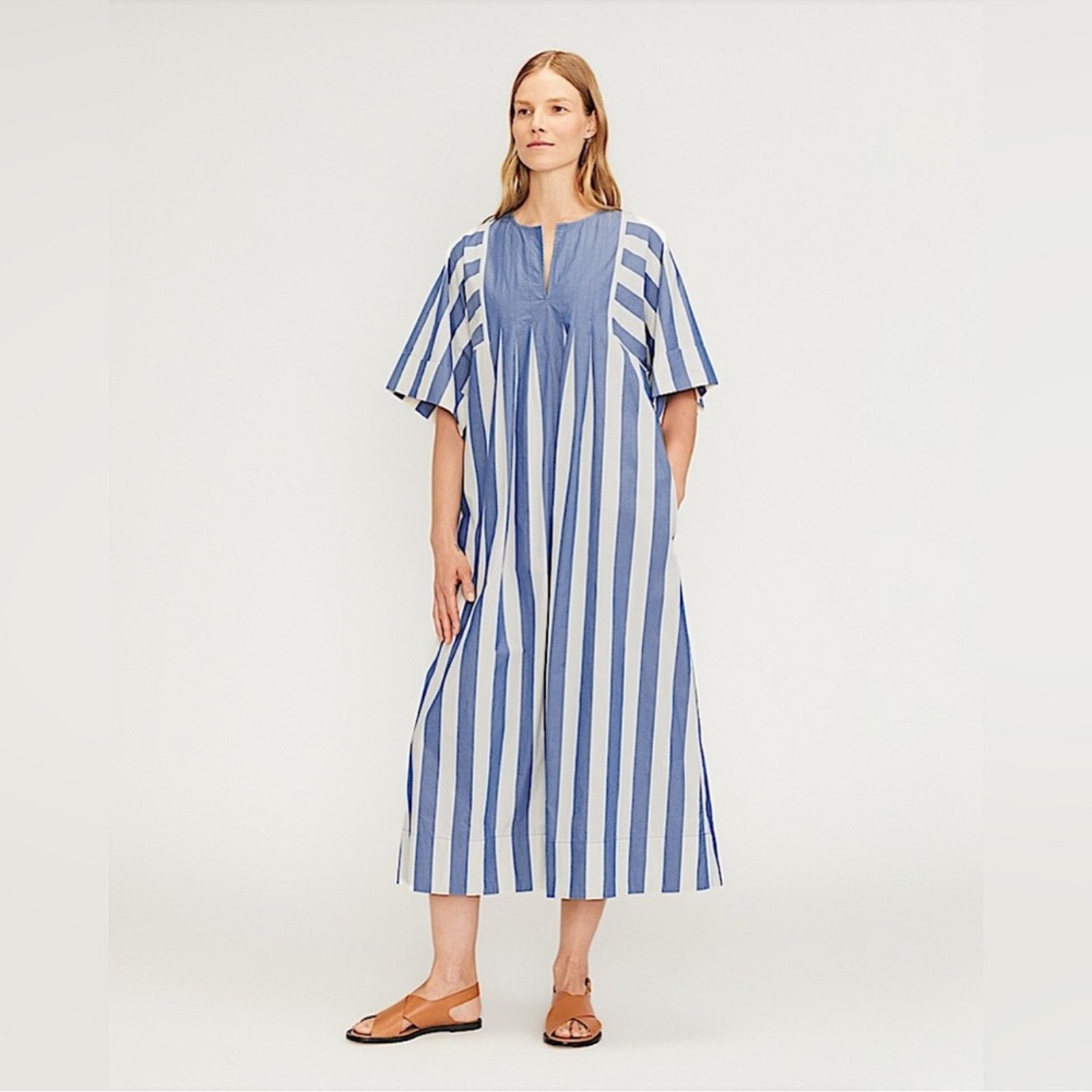 Everlane The Poplin Caftan Dress Mazarine Blue Bone White Stripe Maxi NWT Sz XS