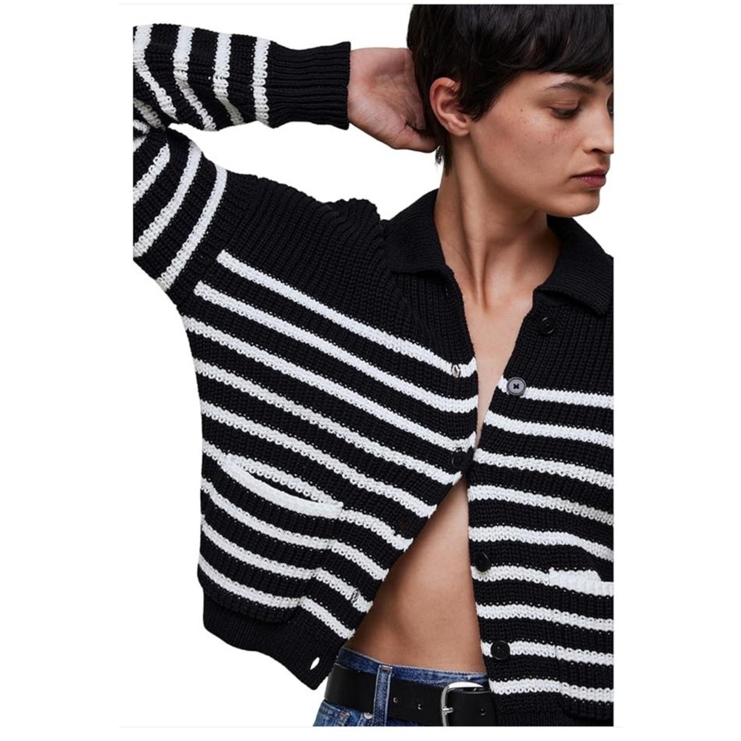 Madewell Ribbed Polo Classic Cardigan Sweater True Black White Womens Size Small