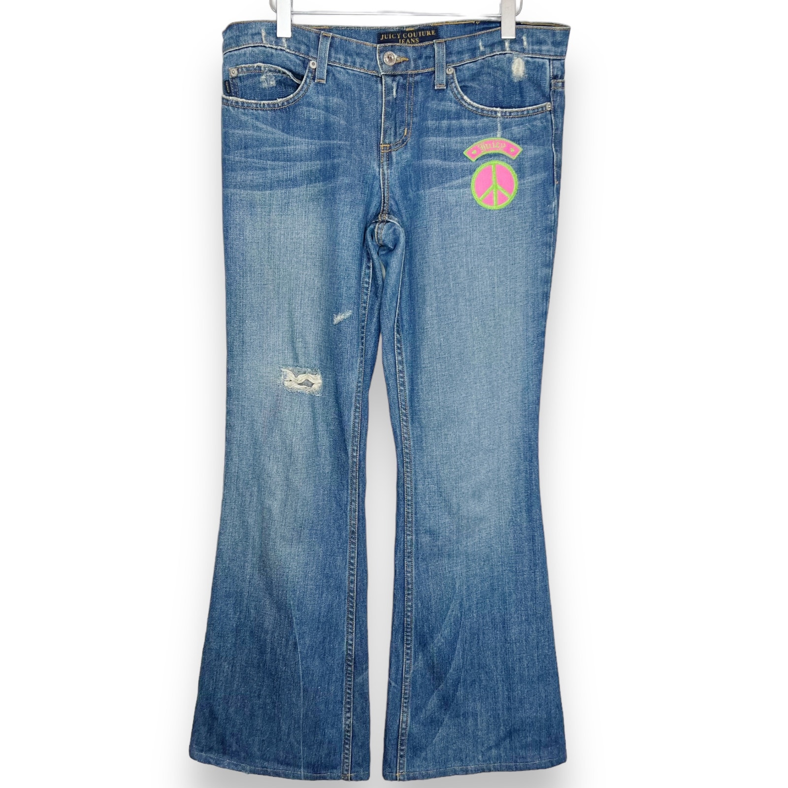 Y2K Vintage Juicy Couture Peace Embroidered Bell Bottom Flare Jeans Size 28