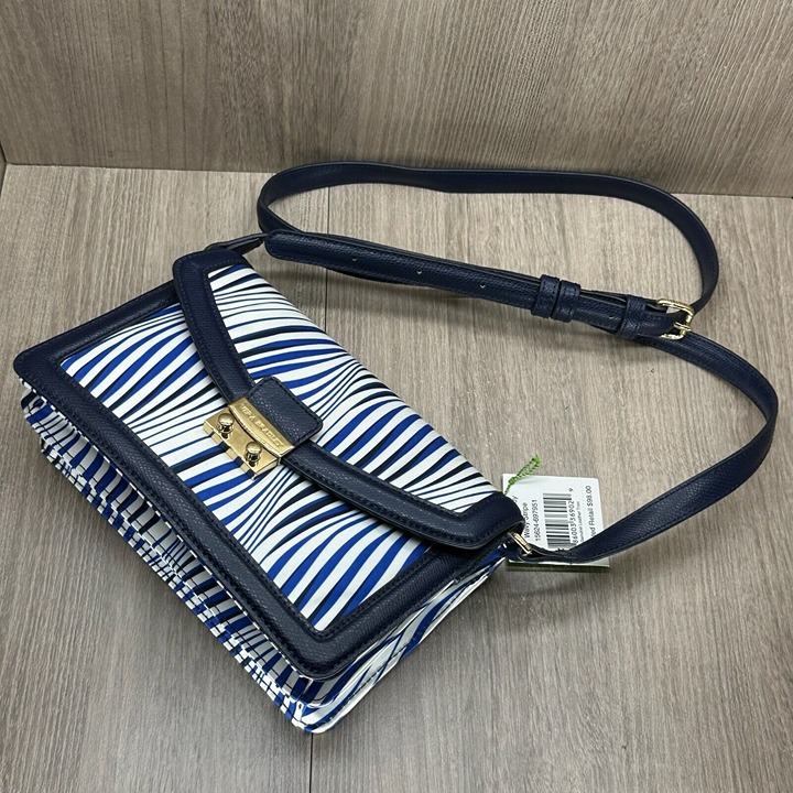 Vera Bradley Crossbody Bag Womens Tess Push Lock Flap Wavy Stripes Blue White