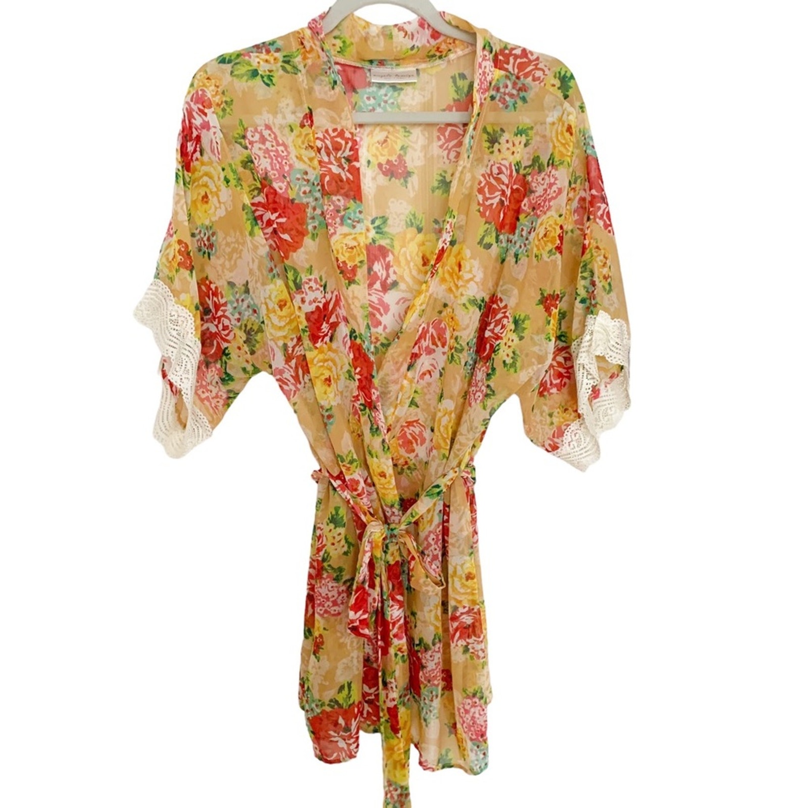 Angela Tomiye Hawaiian Floral Short Sheer Kimono Robe Coverup One Size