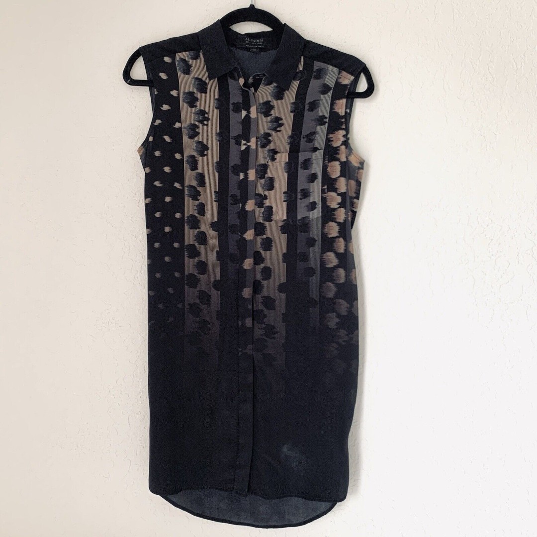 All Saints Hartley Polka Shirt Dress Women 2 Black Tan 100% Silk Sleeveless