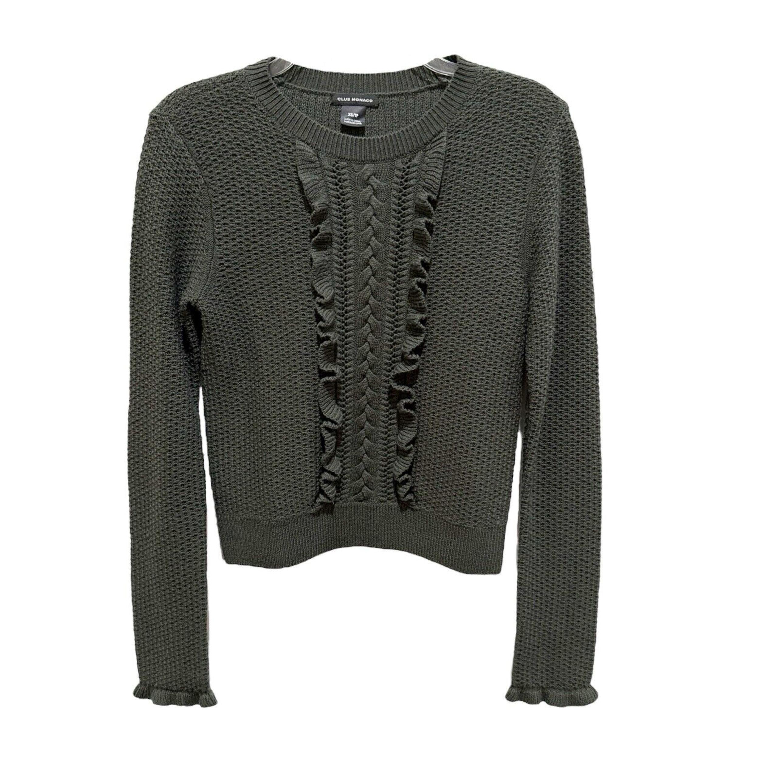 Club Monaco Sweater Forest Green Merino Wool Knit Crewneck Ruffle Braid Size XS