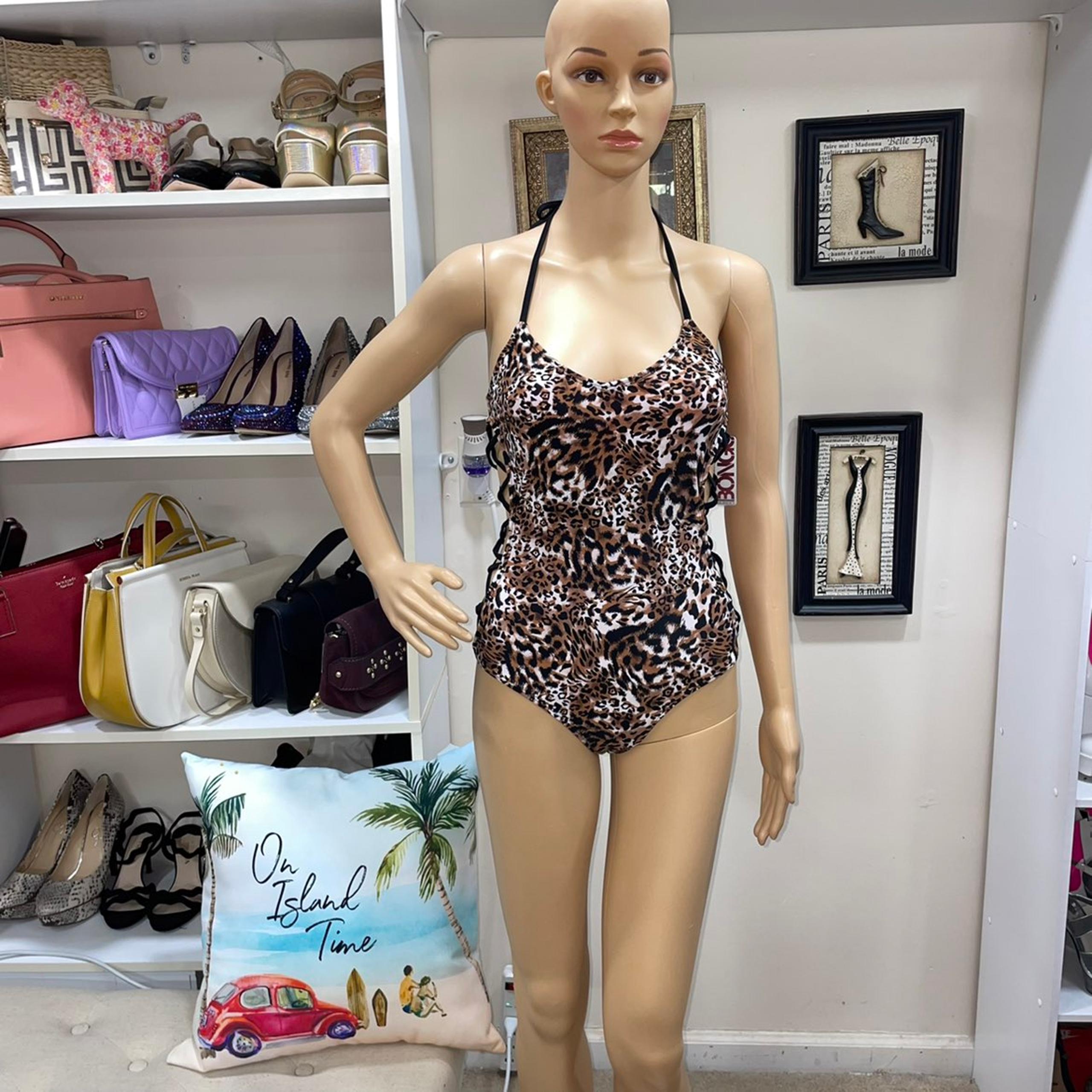 Bongo NWT! Black/Brown Leopard Print Cutout Swimsuit Size S/C  Measures Approxim
