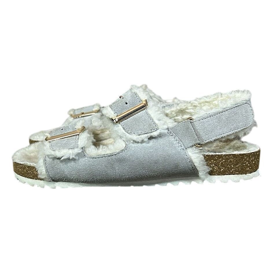 Mini Boden Shearling Sandal Girls 32 US 1Y Gray Suede Double Buckle Strap Cork