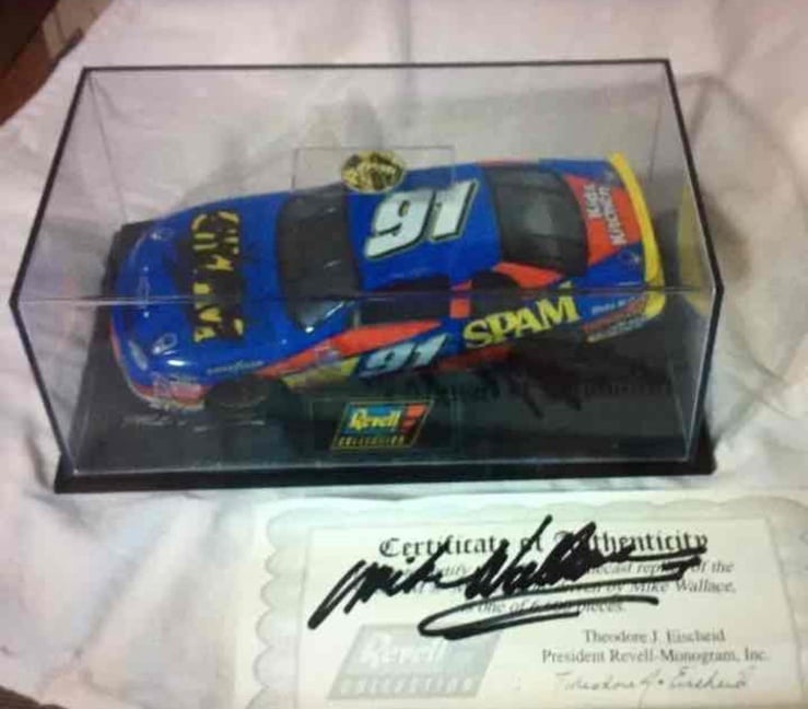 Autographed 1:24 Scale MIKE WALLACE #91 Die Cast NASCAR Spam Car Mounted Display