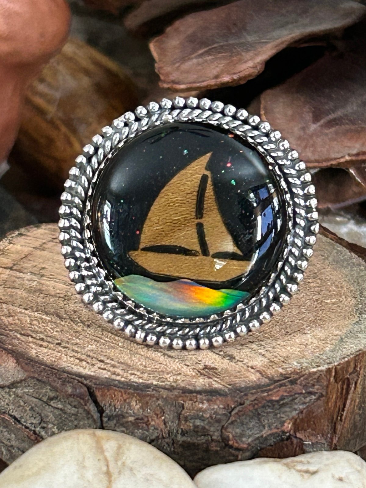 925 Sterling Size have you ever, Opal Ship scene Adj 6-9