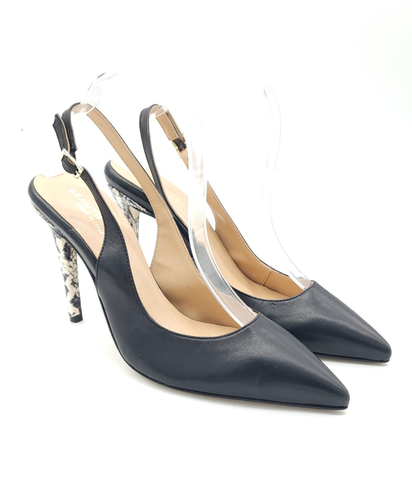 295 Beautiisoles Michelle Black Leather Pointed Toe Slingback Pumps Size 9
