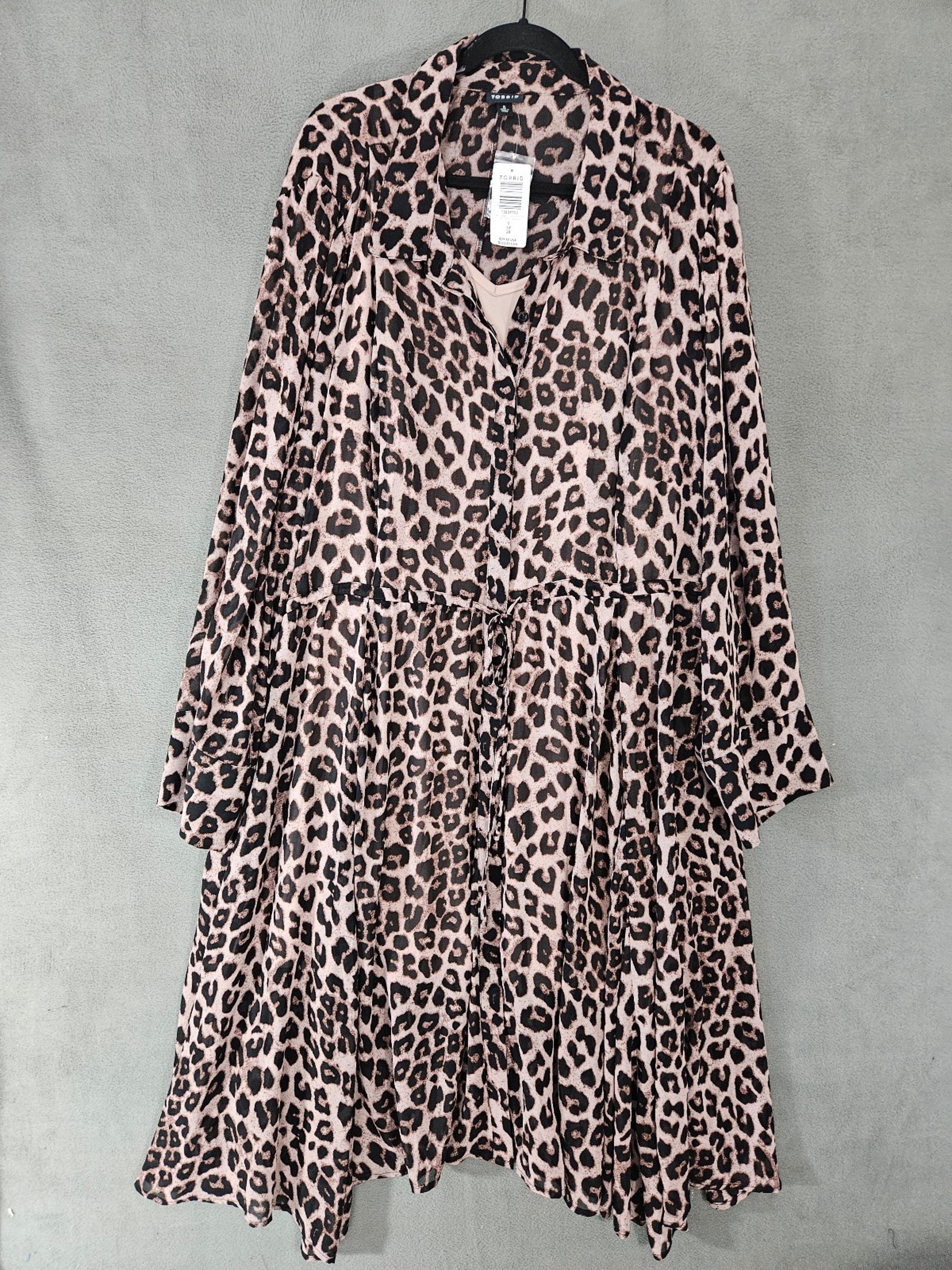 NWT Torrid Womens Plus 5X Cheetah Midi Shaffon Shirt Dress Button Long Sleeve