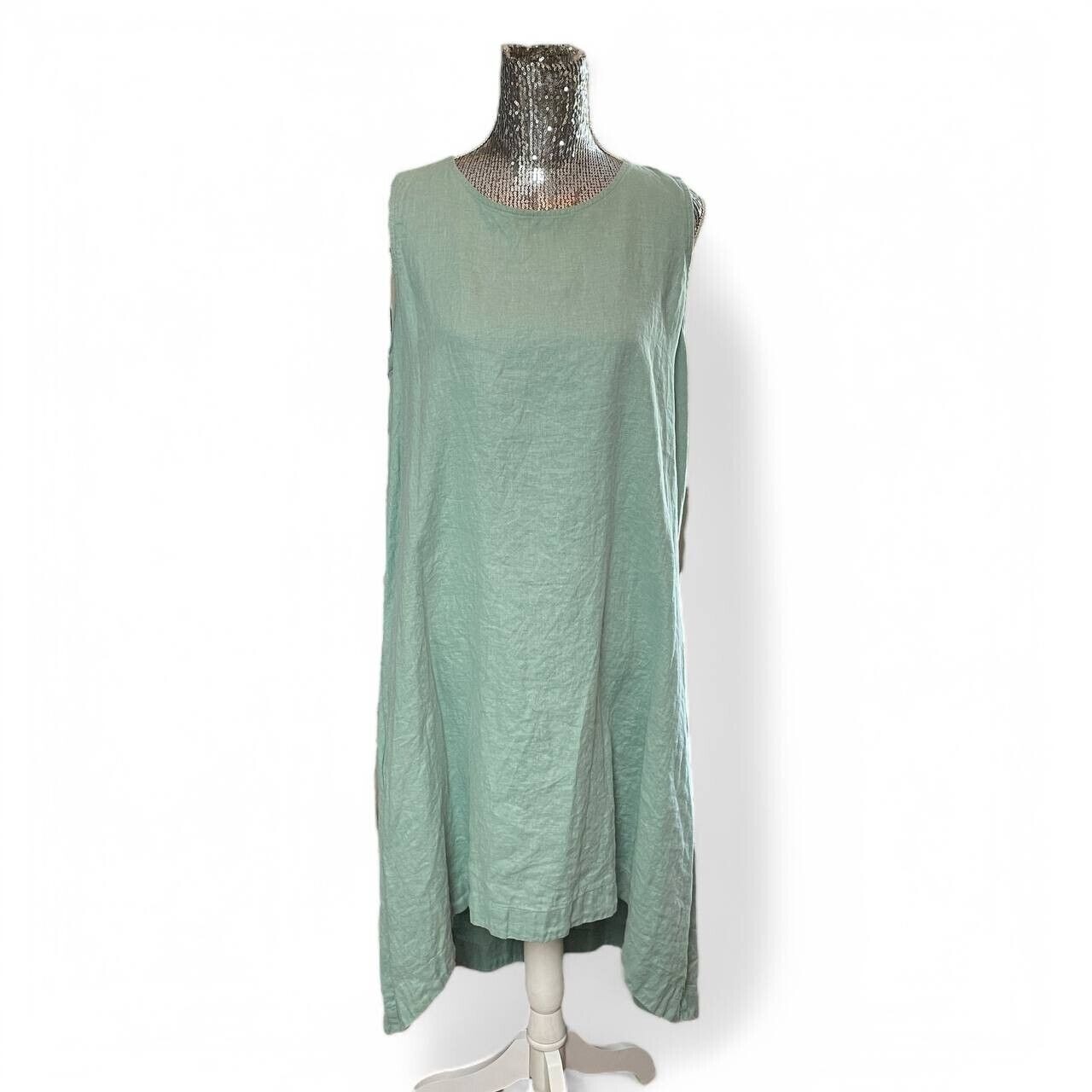 Magic Linen Lagenlook Sage Green Low Hem Shift Dress Women XL Coastal Artisan
