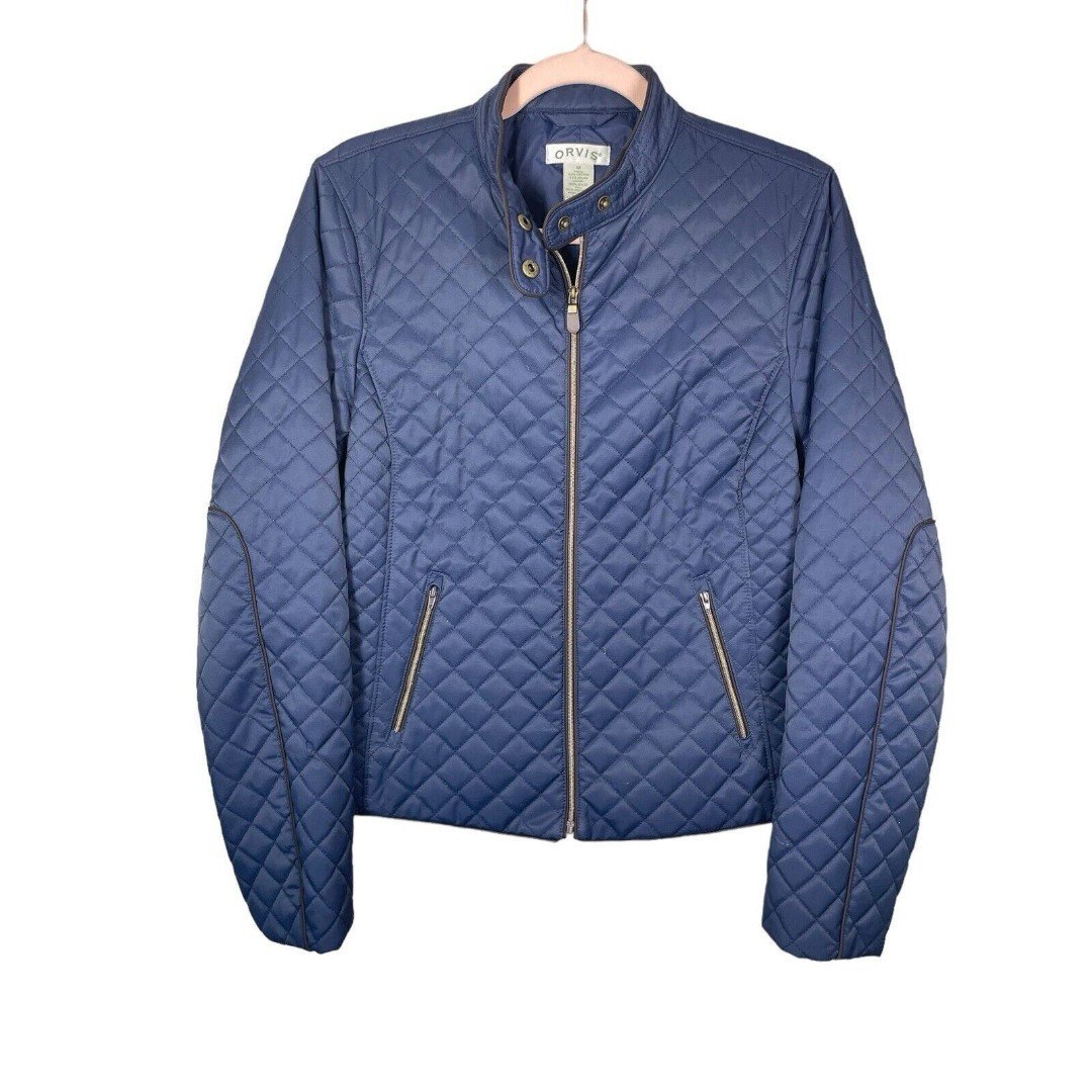 Women's Orvis Navy Blue Quilted Jacket M Mandarin Collar Snap Front