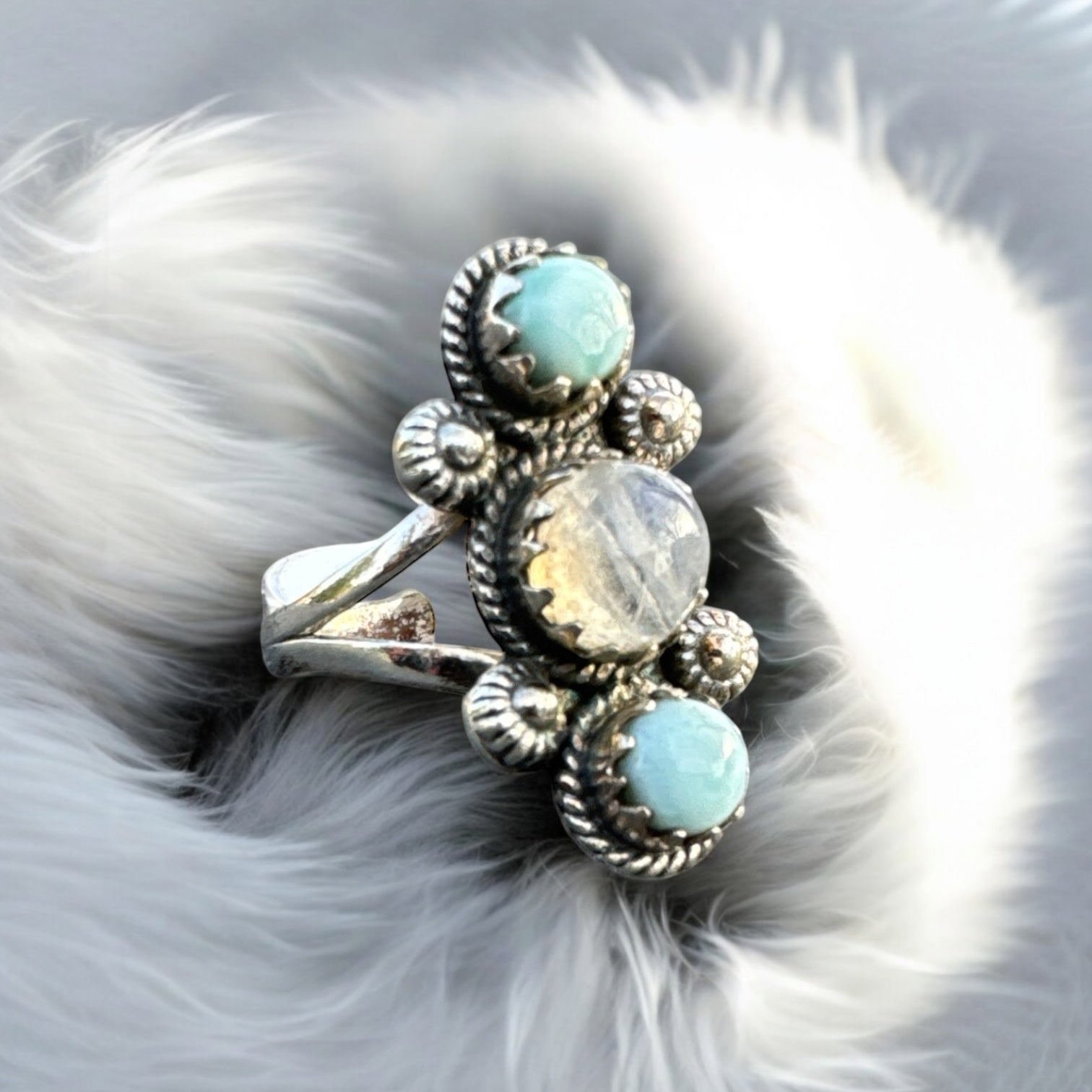 Larimar & Rainbow Moonstone Solid 925 Sterling Silver Ring 9