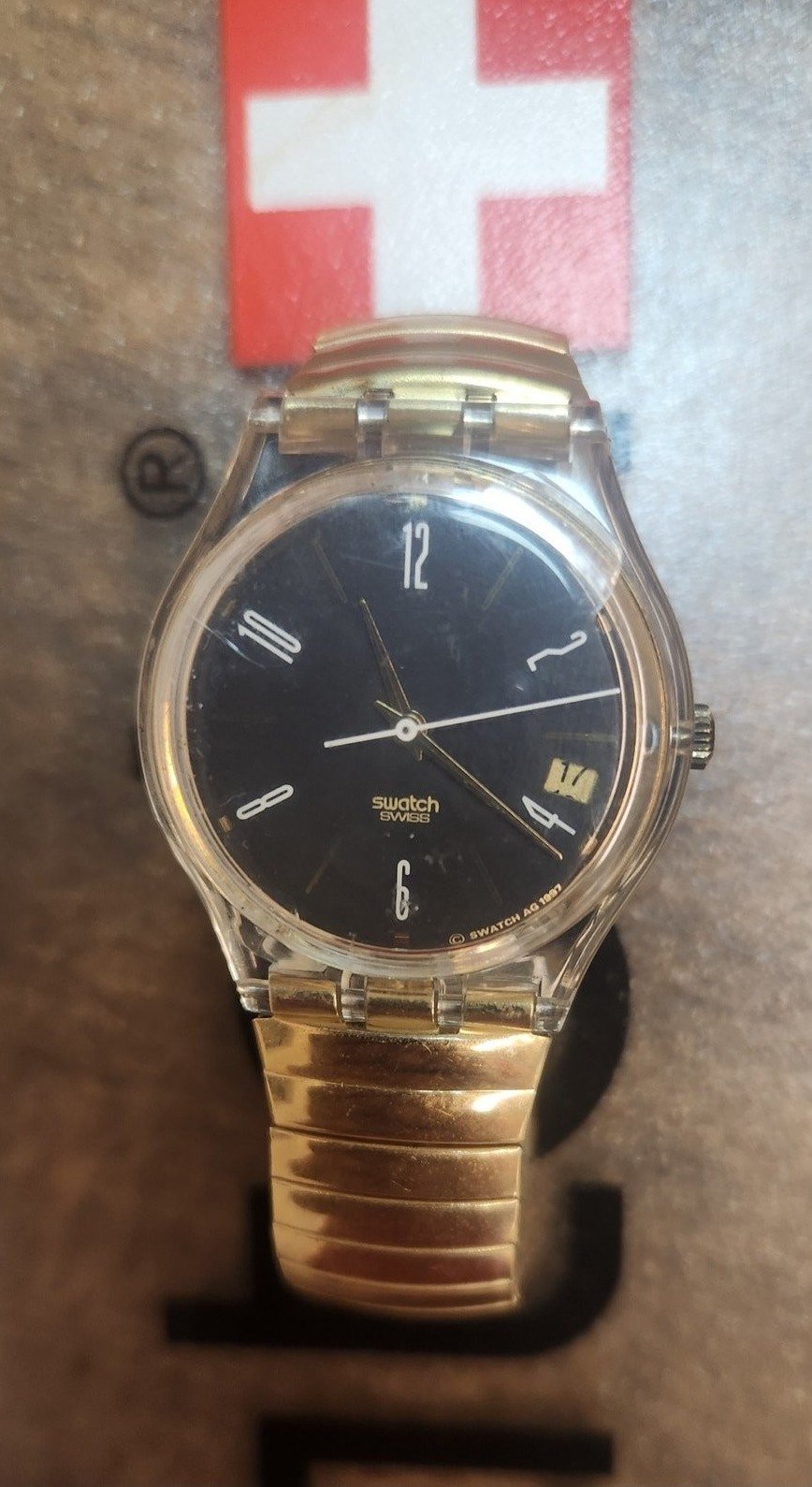 Vintage Swatch Watch GOURMETTE GK409 Standard Gent Flex Band Date indicator NOS