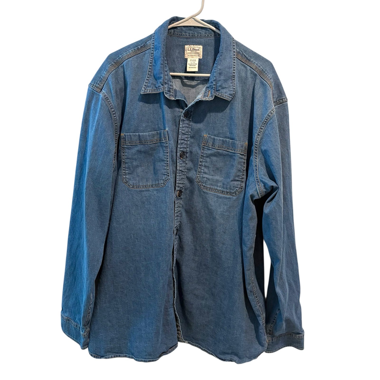 L.L.Bean Denim Button Down Traditional Fit Shirt Blue Jean XXL Heritage Utility