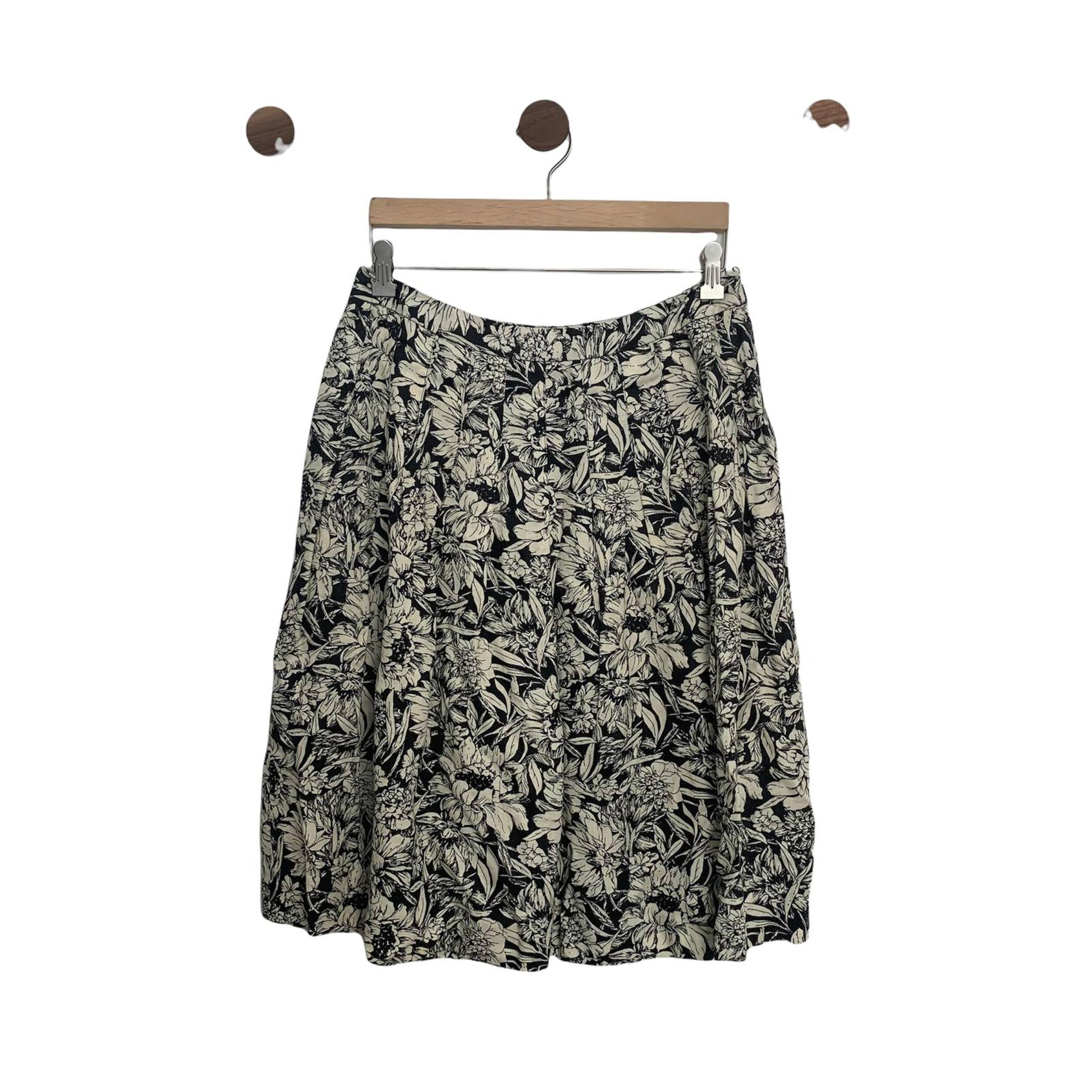 Style & Co. Skirt Size 6 Black Cream 100% Linen Career Floral Casual Summer