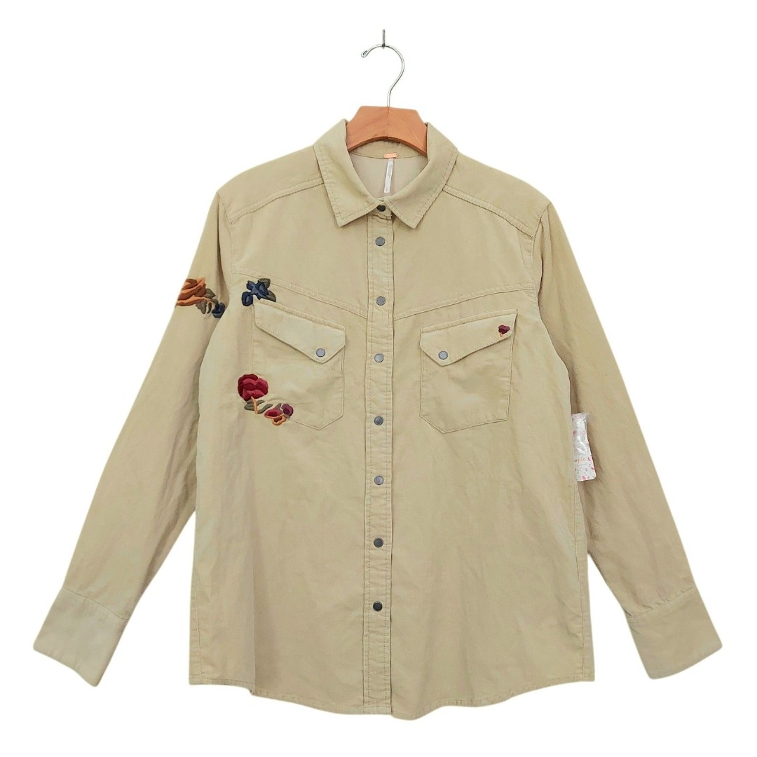 Free People Harley Embroidered Corduroy Shirt Womens Small Ivory Snap Western