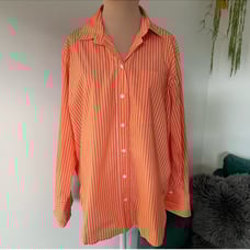 FRAME Bright Tangerine Orange Pinstripe Cotton Oversized Button Down Shirt Sz XS