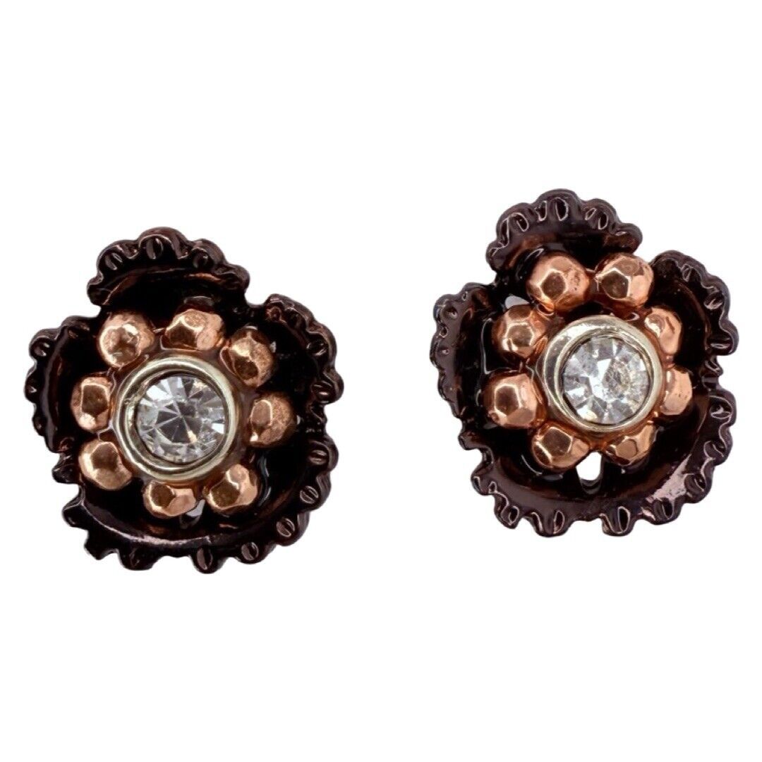 Vintage Rose Gold Rhinestone Flower Stud Earrings .25 Pierced