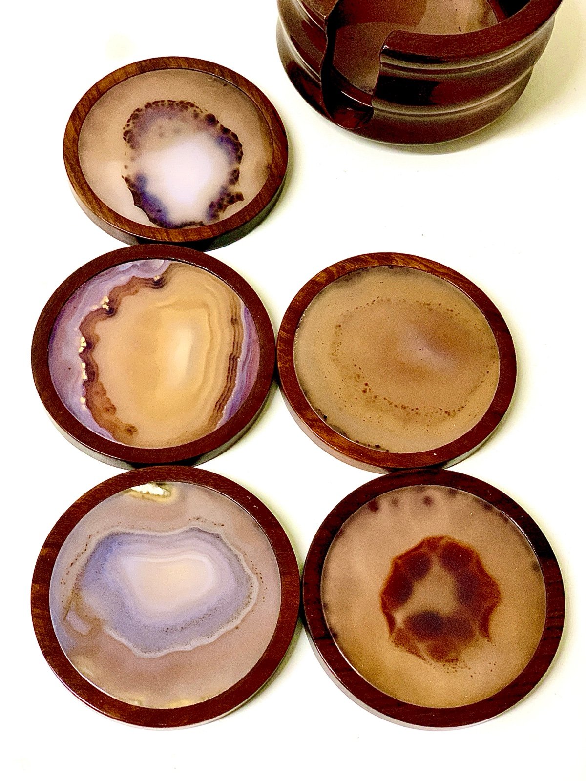 Vintage Set of 5 Hardwood Rimmed Brazilian Onyx Geode Agate Drink Coasters