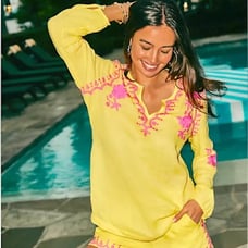 LILLY PULITZER Coby Seacoast Linen Embroidered Tunic Yellow Pink Size L NEW