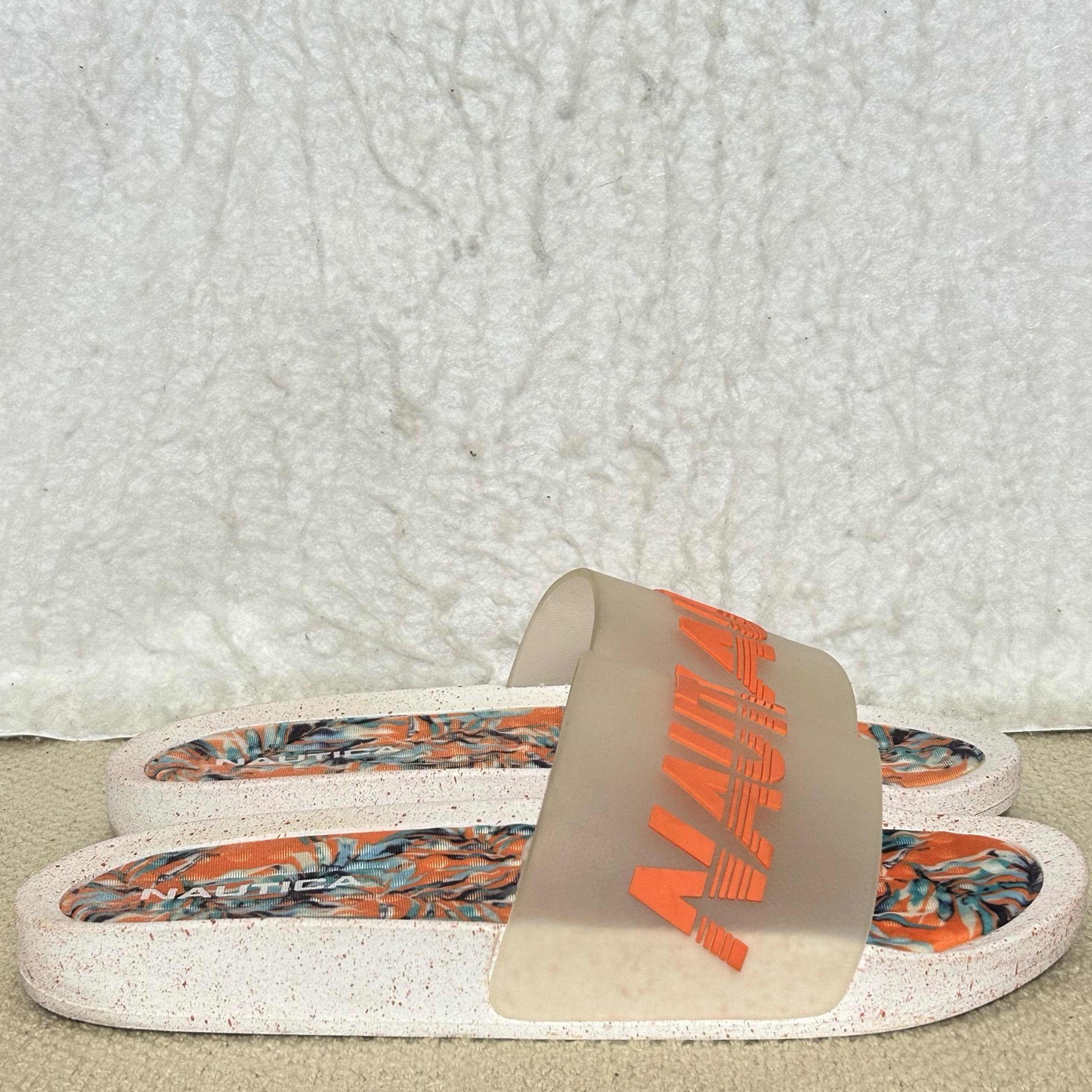 Náutica Womens Orange Tropical Open Toe Slip On Logo Strap Slides Shoes SZ 10
