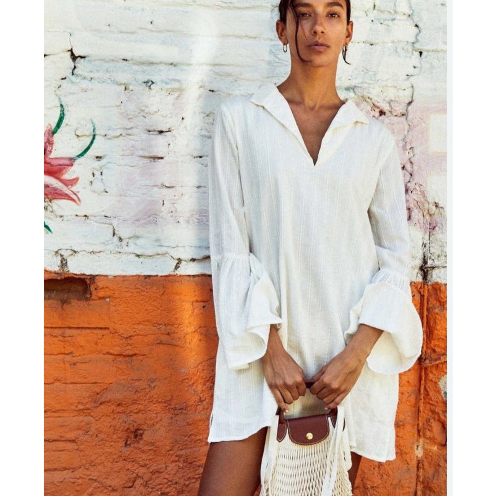 Mille Chloe Dress Creamy White Loose Fit Swing Bell Sleeves Open Collar Size M