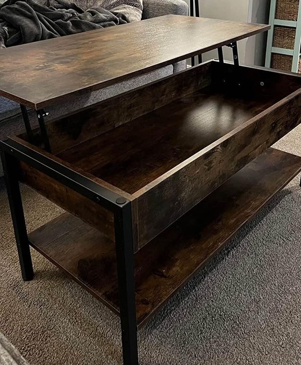 New Lift Top Coffee Table with Pop Up Hidden Compartment, Rustic Brown