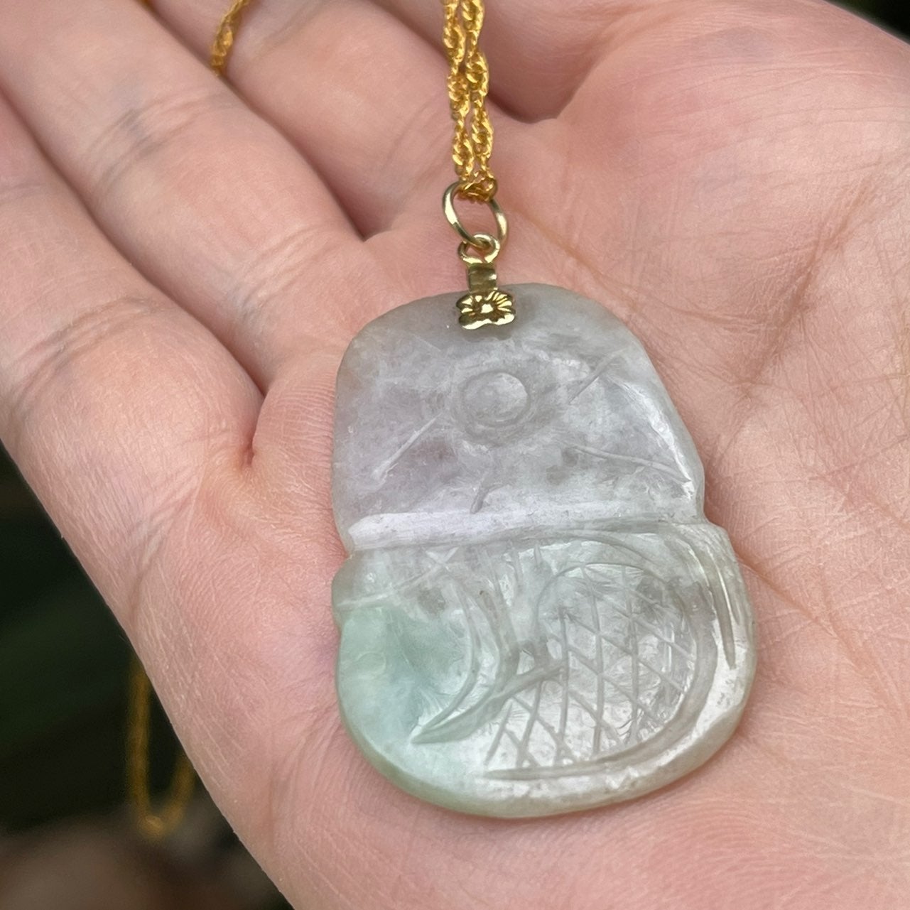Hand carved icy lavender & green jadeite jade gold tone pendant & chain