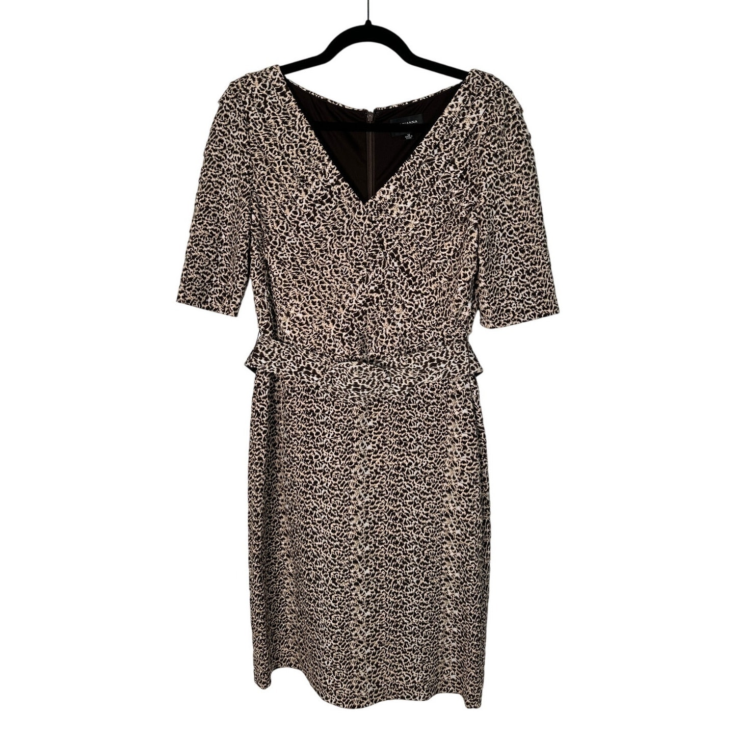 Adrianna Papell 12 Leopard Print Belted Stretch Sheath Dress Body Con VNeck Tan