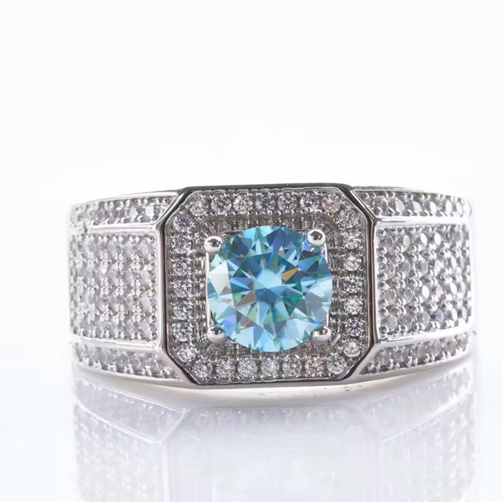 VVS1 Moissanite Iced out Bling 100 Faceted Green Gem Resizeable Ring