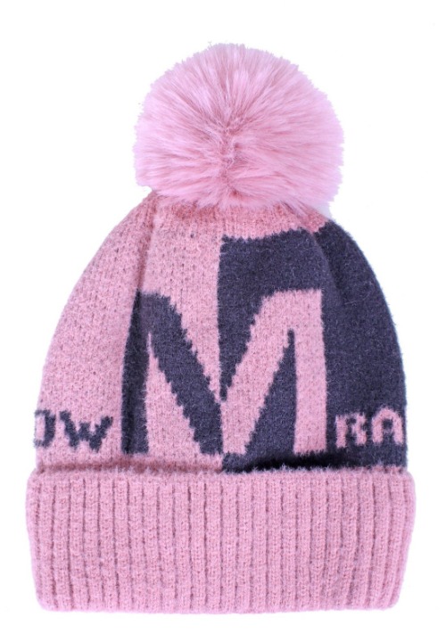 Children′s Contrast Color Pink Grey Jacquard Logo Kntting Set Hat and Stol