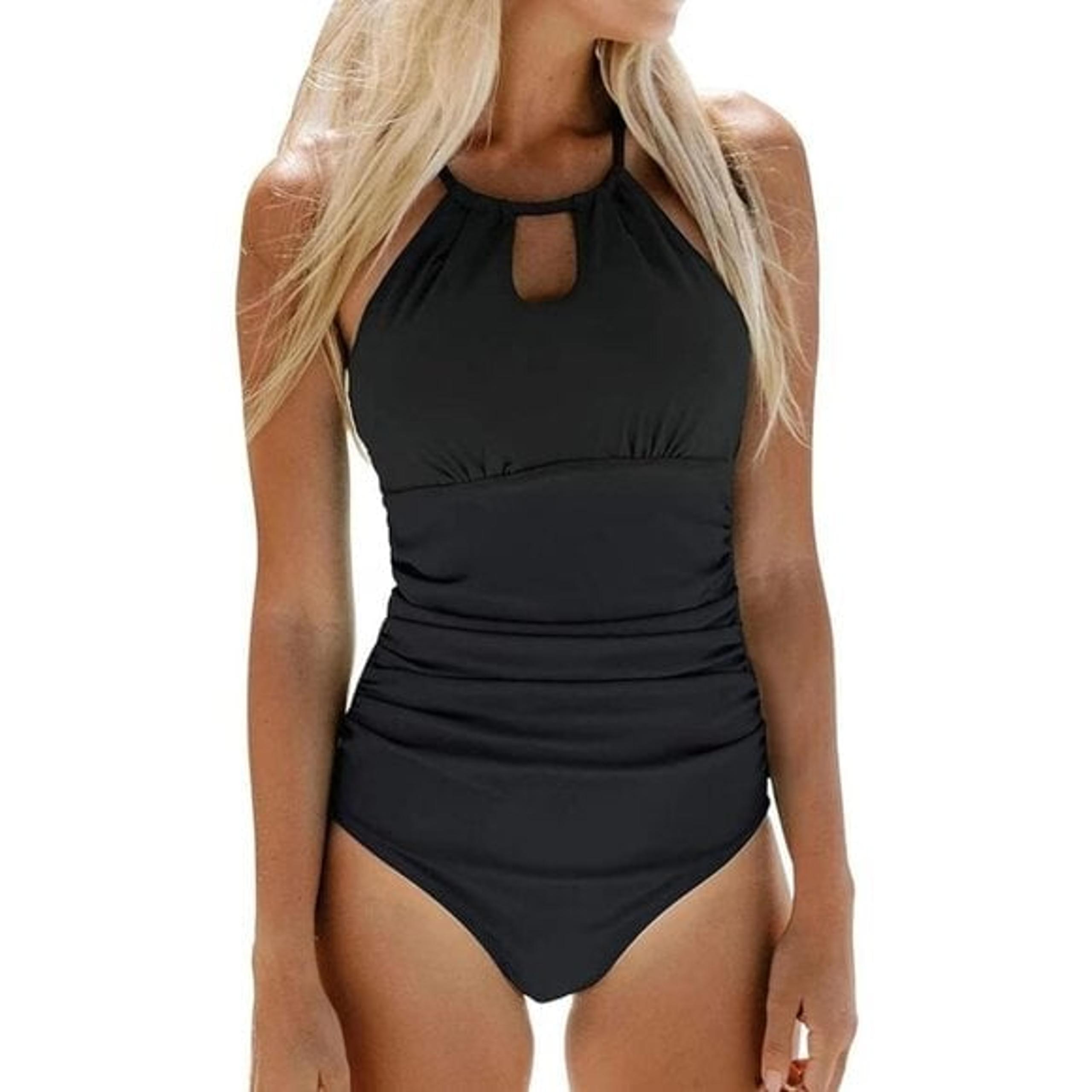 New Macy's Women's Black One-Piece Swimsuit Tummy Control Cutout High Neck Sz S