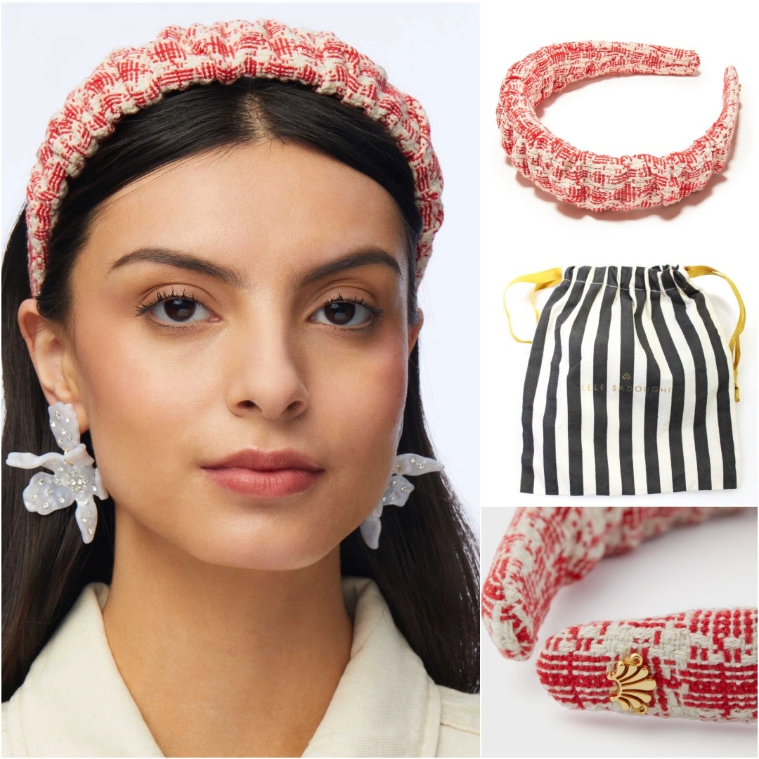 RARE Lele Sadoughi Red Tweed Ruched Headband Gold Logo
