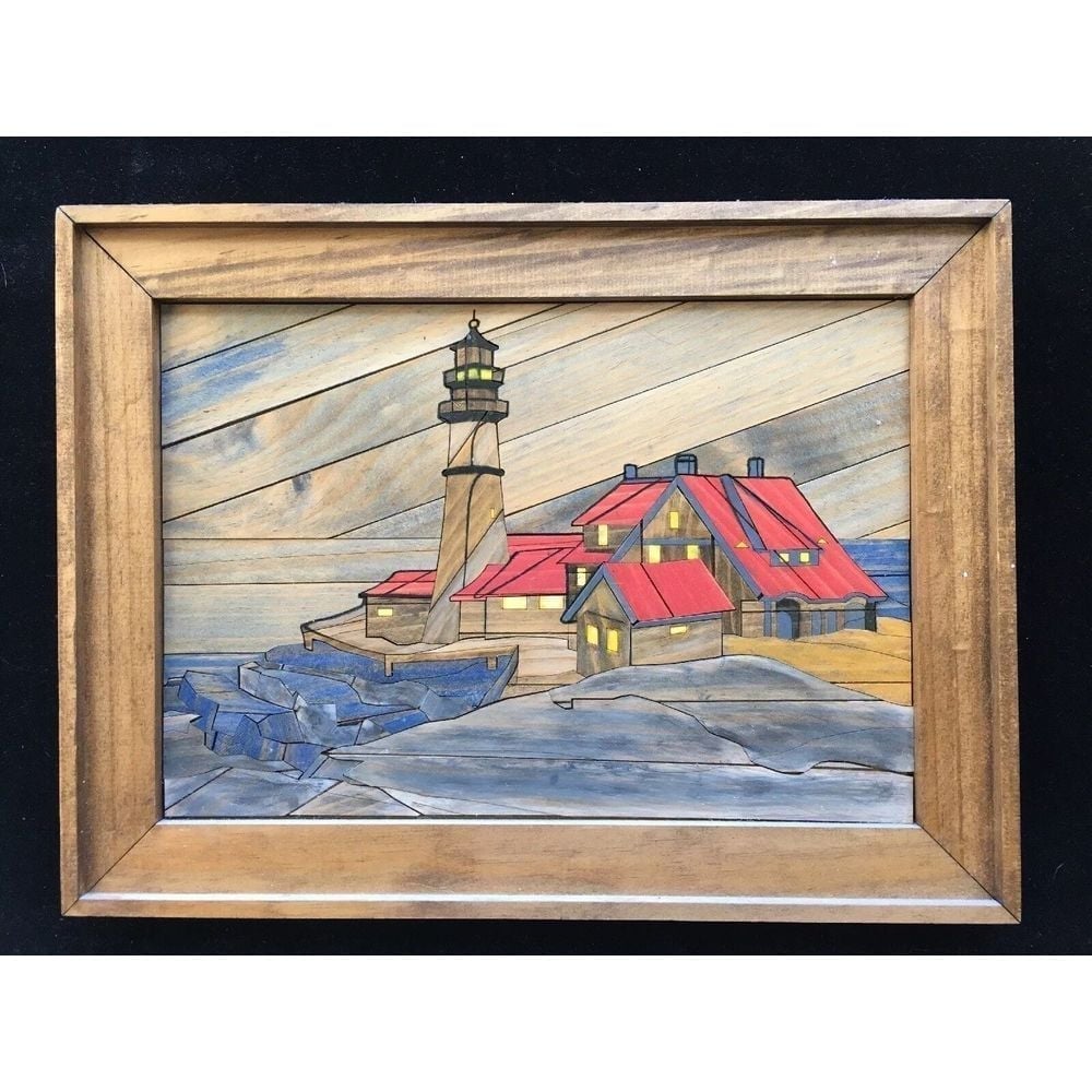 16 x11 Lighthouse & Cabin Wood Carved Puzzled picture sculpture art