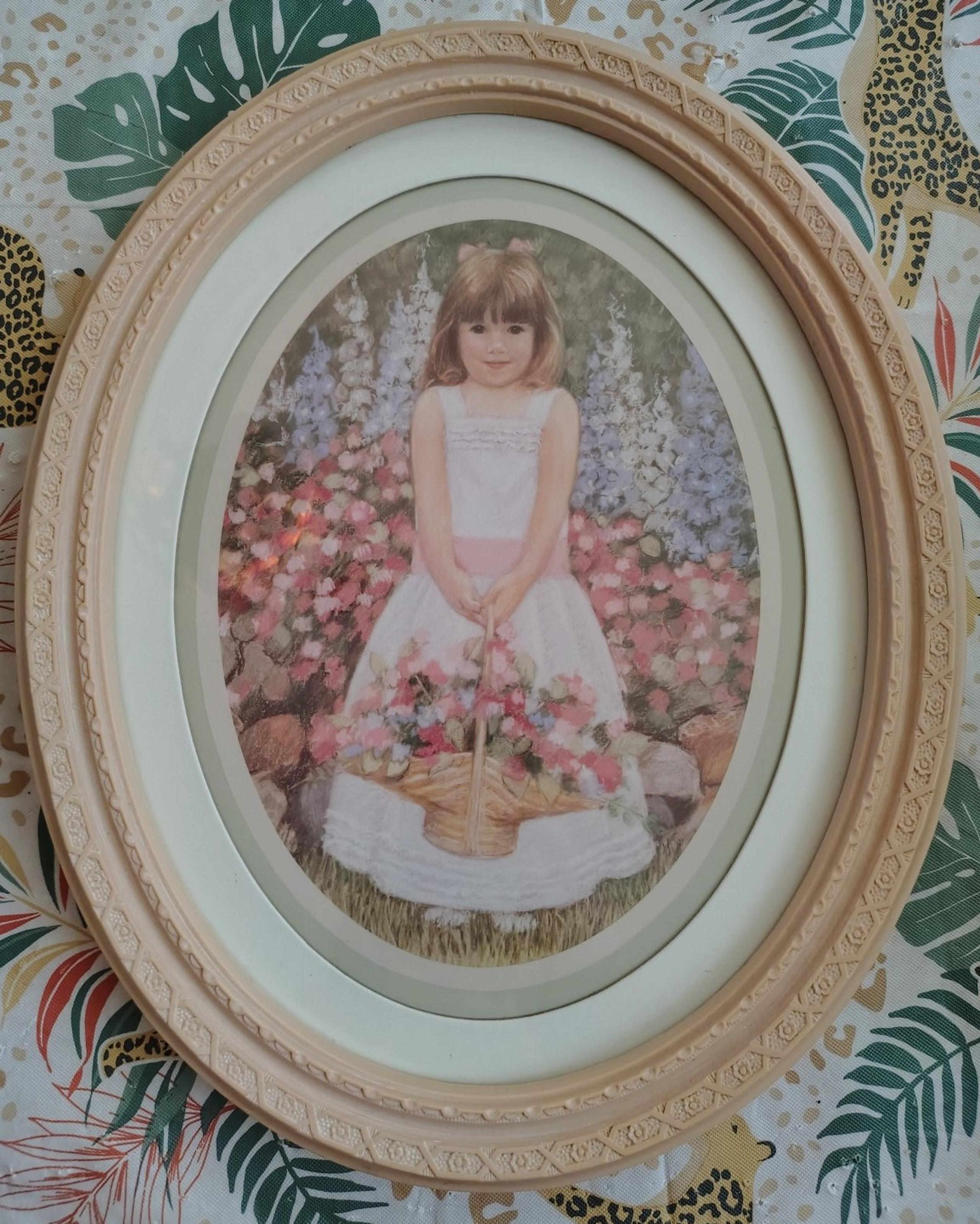 Home Interiors & Gifts Oval Picture Pink Frame Girl & Flowers USA MCM Vintage