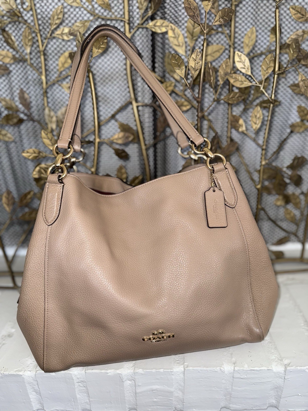 Coach Hallie Camel Tan Leather Shoulder Strap 3 Compartment Zip Center Bag Large