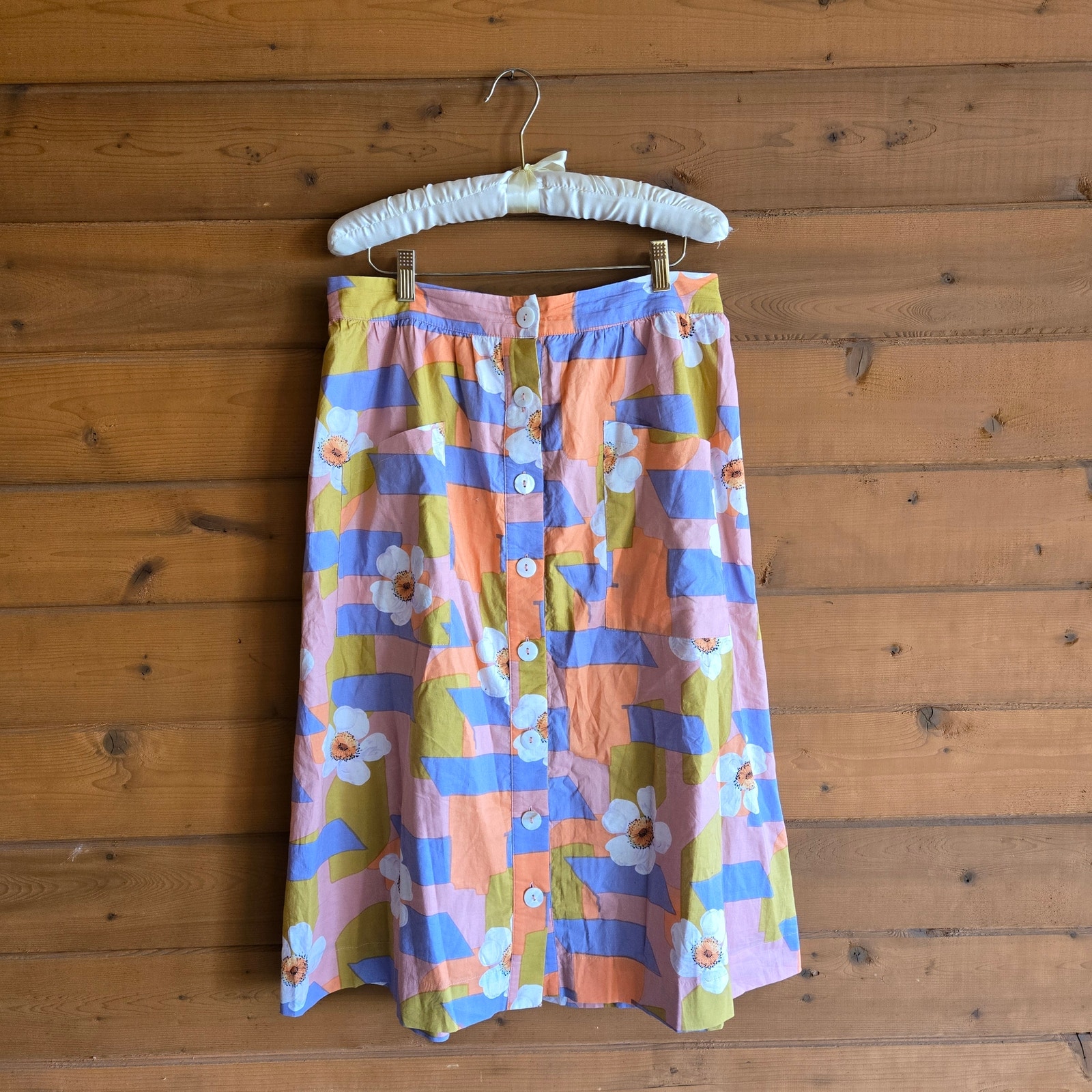 Roolee Retro Picnic Print Floral Button Front Midi Skirt Medium Boho Cottagecore
