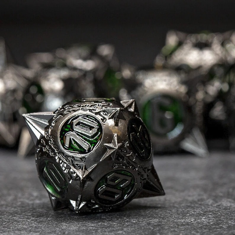 Deep silver/green metal polygonal dice set